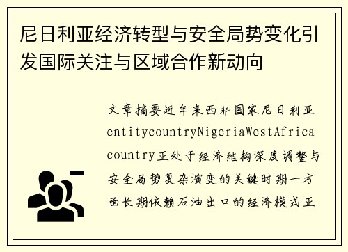 尼日利亚经济转型与安全局势变化引发国际关注与区域合作新动向 尼日利亚经济转型与安全局势变化引发国际关注与区域合作新动向