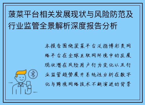 菠菜平台相关发展现状与风险防范及行业监管全景解析深度报告分析 菠菜平台相关发展现状与风险防范及行业监管全景解析深度报告分析